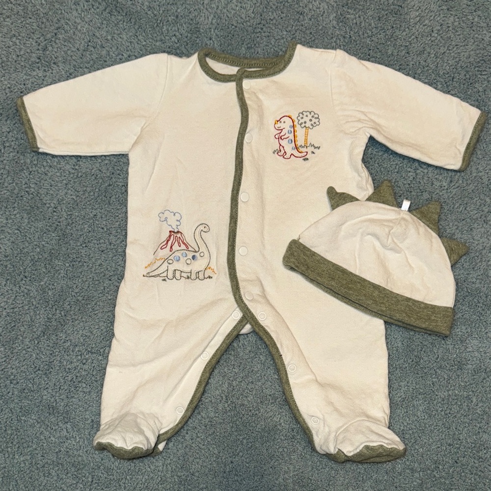 Cream and Green Dinosaur Baby outfit with hat